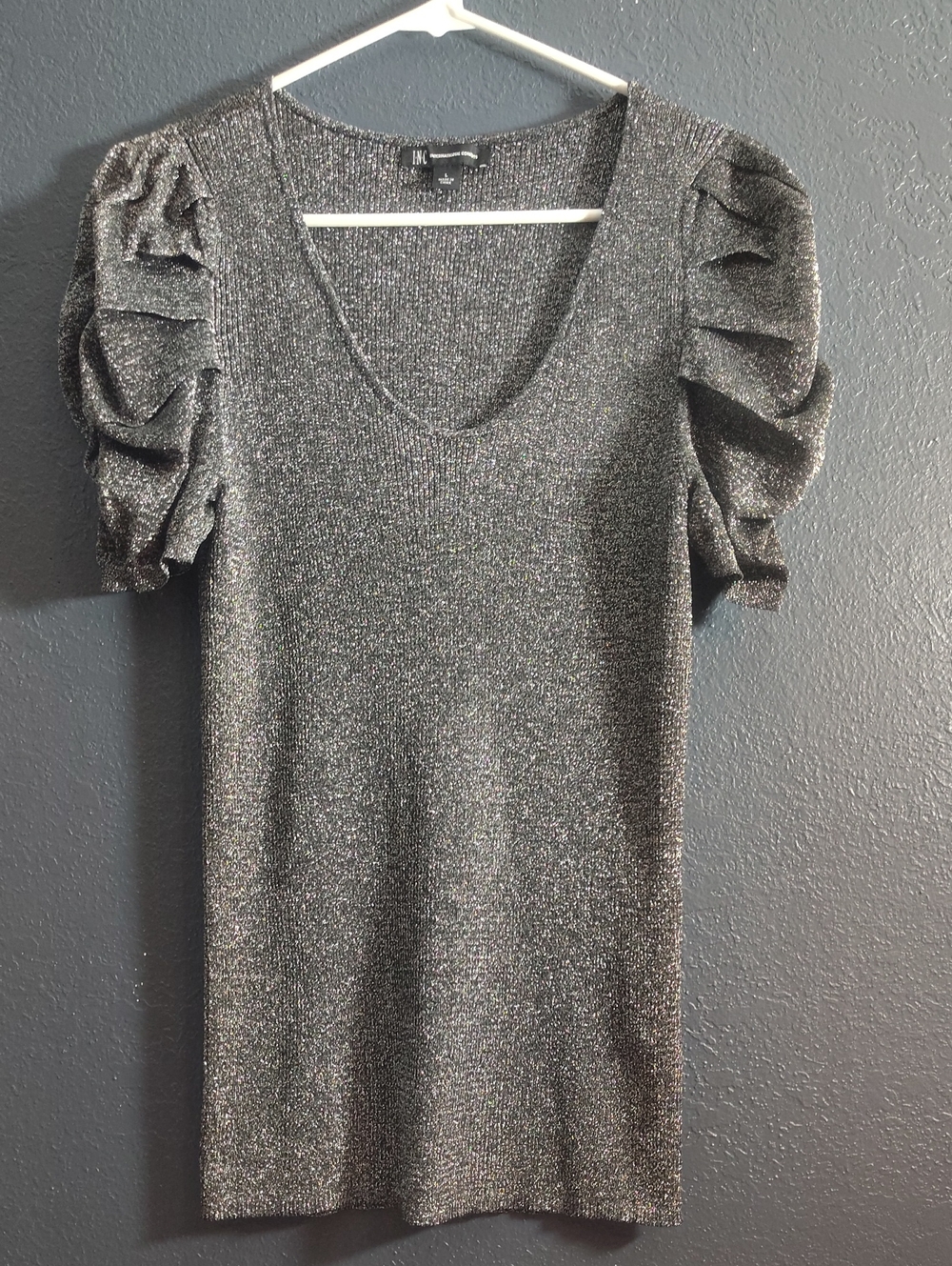 INC International Concepts 80s Vibe Shimmer Puff-Sleeve Top Silver Metallic
